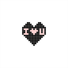 Pixel heart with lettering I LOVE U in the middle. Black and pink colors. Isolated on white background. Vector illustration, clip art.