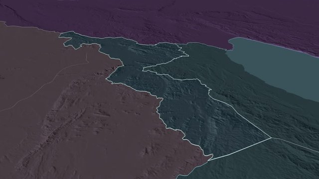 Chitipa, district with its capital, zoomed and extruded on the administrative map of Malawi in the conformal Stereographic projection. Animation 3D