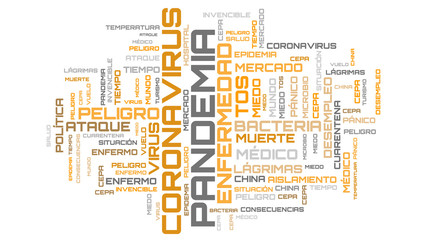 Coronavirus brown word cloud on spanish language illustration