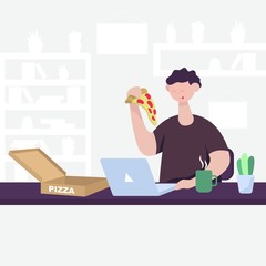 Fototapeta na wymiar The guy ordered pizza and received convenient and fast online delivery over the internet on a laptop. Flat cartoon vector color icon.