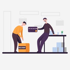 The courier brought the package and man pays with a card. Flat cartoon vector color icon.