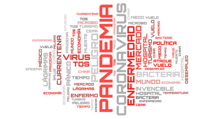 Coronavirus red word cloud on spanish language background