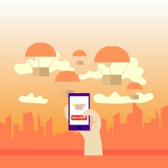 Packages in parachute over the city. Flat cartoon vector color icon.