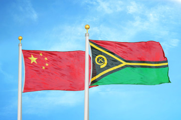 China and Vanuatu two flags on flagpoles and blue cloudy sky