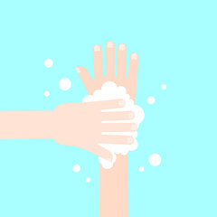 Washing hands with soap in flat style isolated on blue background. Vector illustration.