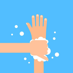 Washing hands with soap in flat style isolated on blue background. Vector illustration.