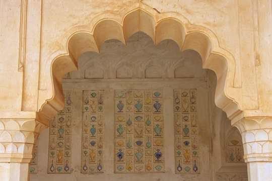 AMBER, INDIA - MARCH 1: Detail of the wall in Sukh Mahal (Hall of Pleasure) in Amber Fort on March 1, 2011 in Amber, India. Amber Fort is the main tourist attraction in the Jaipur area.