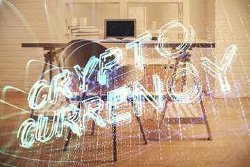 Double exposure of crypto technology theme drawing and office interior background. Concept of...