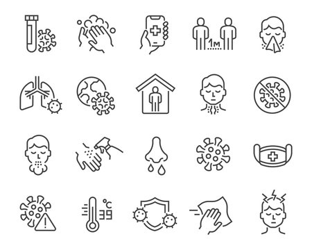  Flu and coronavirus icons set. Collection of linear simple web icons such as hygiene, disinfection, symptoms, treatment, virus, prevention and other. Editable vector stroke.