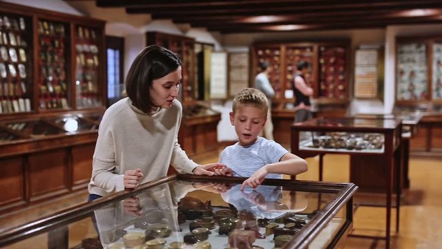 Attentive young woman with school age boy exploring artworks in glass case in museum