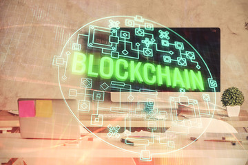Double exposure of crypto technology theme drawing and office interior background. Concept of...