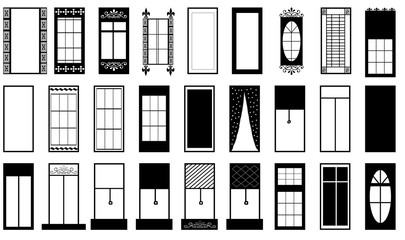 windows collection drawings, different architectural elements set of house or buildings window style