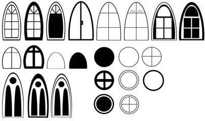 windows collection drawings, different architectural elements set of house or buildings window style