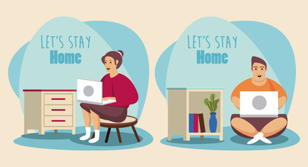 lets stay at home scene with couple working in laptop