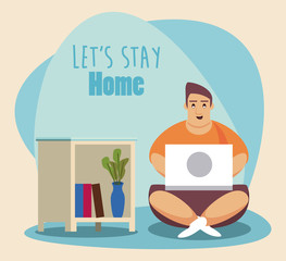 Fototapeta premium lets stay at home scene with man working in laptop
