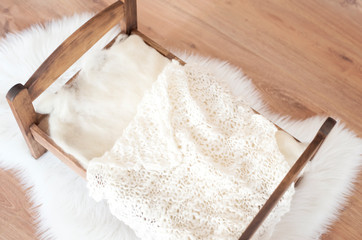 Wood Doll Bed With Crochet Bed Sheet, Succulent Plant Pot. Top View