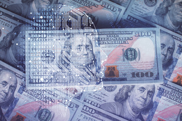 Double exposure of brain drawing over us dollars bill background. Technology concept.