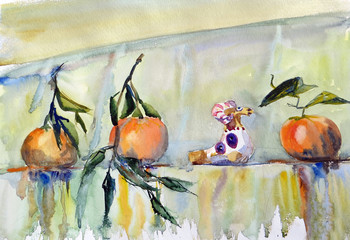 watercolor drawing still life with tangerines and clay folk whistle