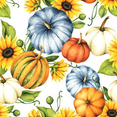 Watercolor illustration with pumpkins and sunflowers. Seamless watercolor pattern for design of wallpaper, fabric, wrapping paper and more.