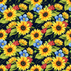 Plakat Floral seamless pattern with decorative sunflowers, poppies, berries, flowers and leaves.