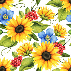Fototapety  Kwiatowy wzór z ozdobnymi słonecznikami, makami, jagodami, kwiatami i liśćmi.