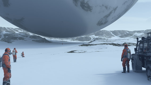 Large Alien Silver Sphere Floating above Snowy Frozen Tundra with People in Hazmat Suits Observing it 3d illustration