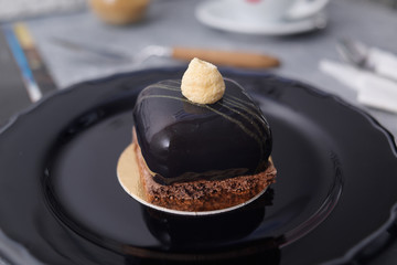 Red dessert on a biscuit, raspberry diet dessert in a cut.