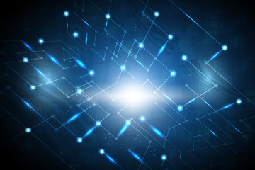 Abstract technology background with perspective glowing circuit pattern and blue sparkle effect.