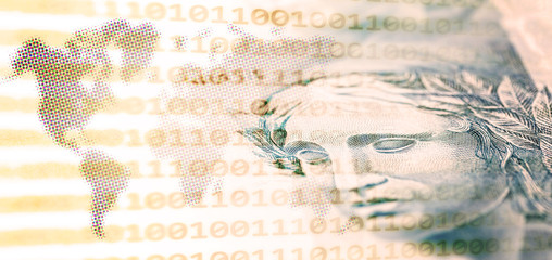 details of 100 reais banknote from brazil, with selective focus, background image for monetary concept. Financial crisis or financial business in brazil.