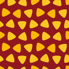 Red vector seamless pattern background with nachos, tortilla chips.
