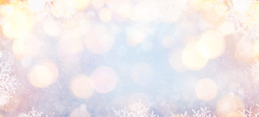 Blurred background with bokeh. Christmas and Happy New Year greeting card.