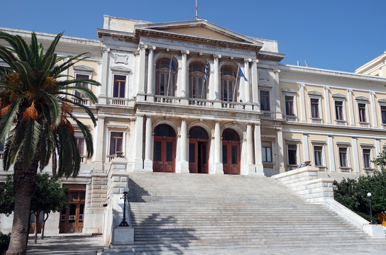 The elegant town of Ermoupoli on the island of Syros, in Greece.  The neo classical town hall.  