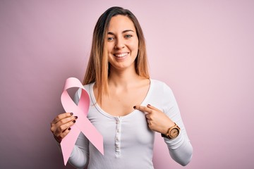 Young beautiful blonde woman with blue eyes holding pink cancer ribbon symbol with surprise face...