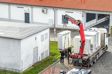 Truck crane with cargo . delivery of commercial freight.