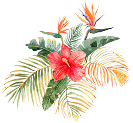 Tropical bouquet. Exotic plants: hibiscus, palm leaves, bird in paradise. Hand drawn watercolor illustration. Isolated on white background