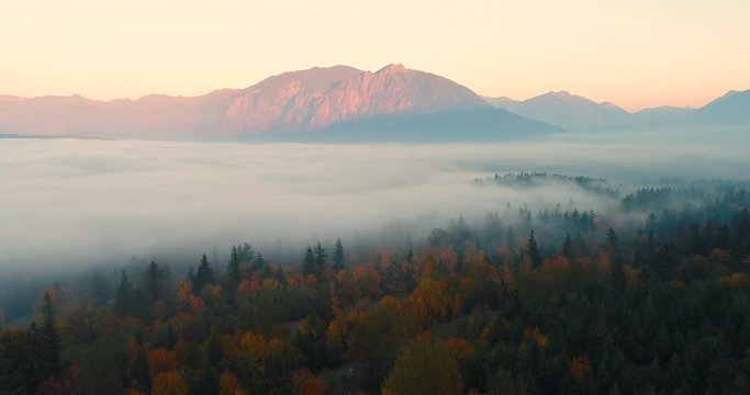 Snoqualmie Valley Washington USA Aerial Overhead View Flying Above Fall Colored Foogy Forest towards Mount Si at Sunset