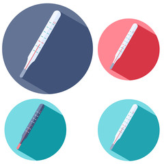 Mercury thermometers on white isolated backdrop. Round sticker set for social banner or propaganda, medical poster, bath tile. Chemist shop logo or info card. Minimal style stock vector illustration