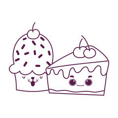cute food cupcake and slice cake cherry sweet dessert pastry cartoon isolated design line style