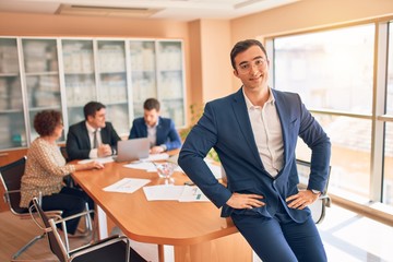 Business lawyers workers meeting at law firm office. Professional executive partners working on finance strategry at the workplace. Leader worker standing confident looking at the camera.