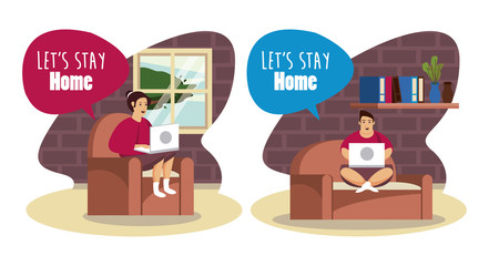 lets stay at home scene with couple working in laptop