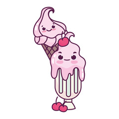 cute food ice cream cone and cup cherry love sweet dessert pastry cartoon isolated design