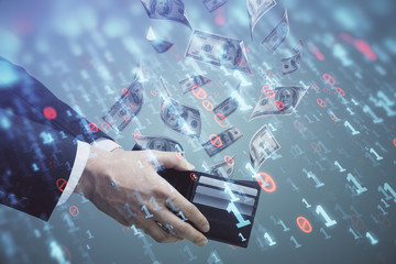 Multi exposure of technology drawing hologram and us dollars bills and man hands. Data concept