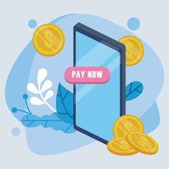 payment online technology with smartphone and coins dollars