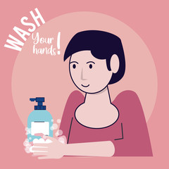 wash your hands campaign poster with woman soap bottle