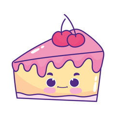 cute food piece cake with fruit sweet dessert kawaii cartoon isolated design