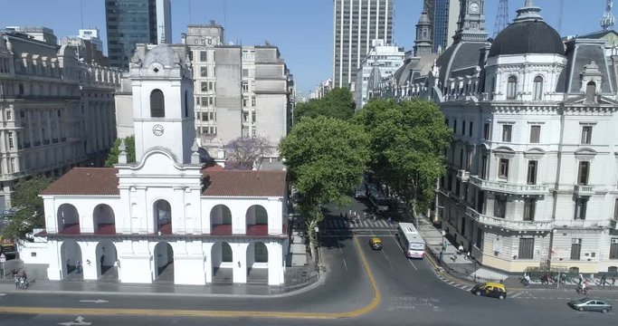 Aerial Scene of the National Historical Museum of the Cabildo and the May Revolution. Zoom out front of Cabildo.