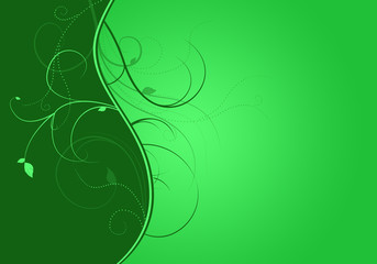Elegant green background with swirls and little leaves and space for your text. Spring illustration.