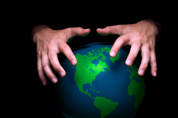 A pair of hands around an illustrated planet earth to depict a world domination and crisis concept.
