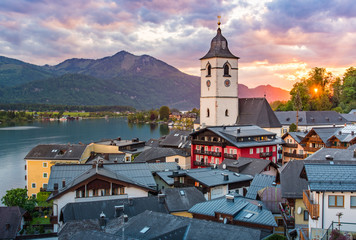 Naklejka premium View from the hotel at St. Wolfgang Lake in beautiful Sunset summer time