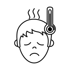 virus covid 19 pandemic boy with fever thermometer line style icon